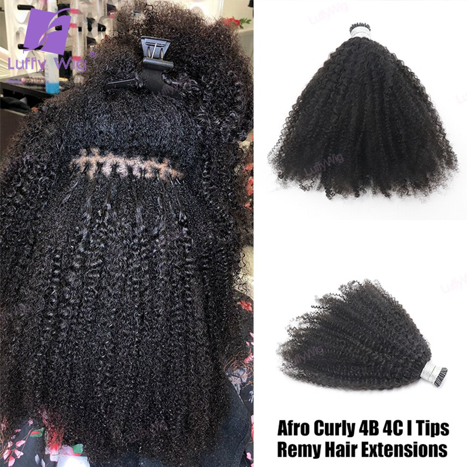 Afro Kinky Curly ΰ Ӹī 4B 4C I  Microlinks    ͽټ Hair Bulk Knots Black Color For Women